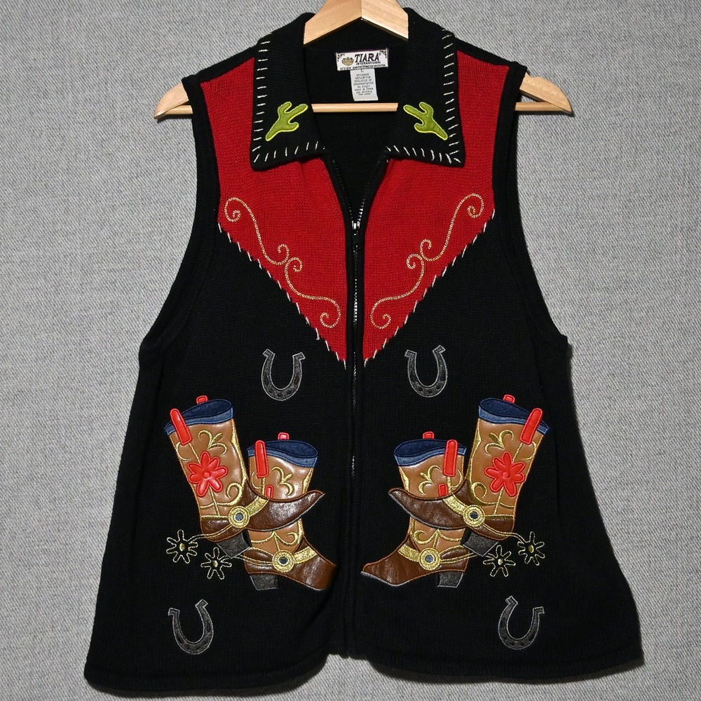Tiara International Knit Vest Womens Western Cowboy Boots L Black Red